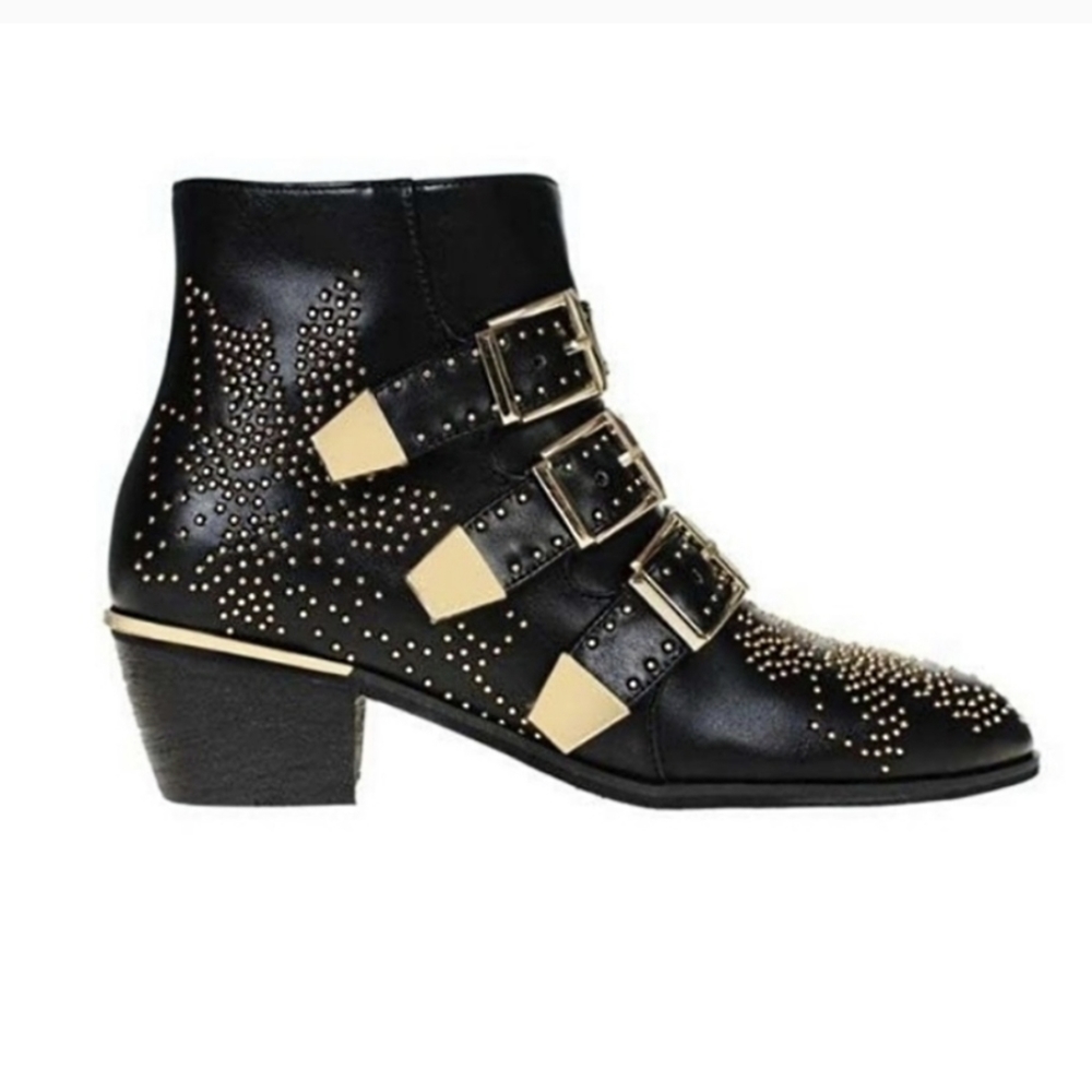 NWOT Gold Studded Black Booties With Buckles
